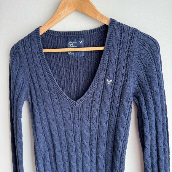 Y2K 2009 American Eagle V-Neck Sweater Womens M Navy Cableknit Preppy Academia - Picture 2 of 10